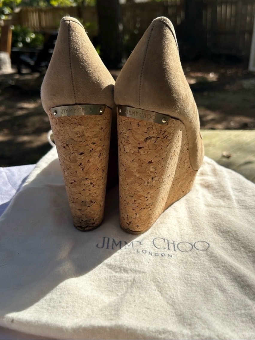 Jimmy Choo Beige Suede Cork Wedge Heels